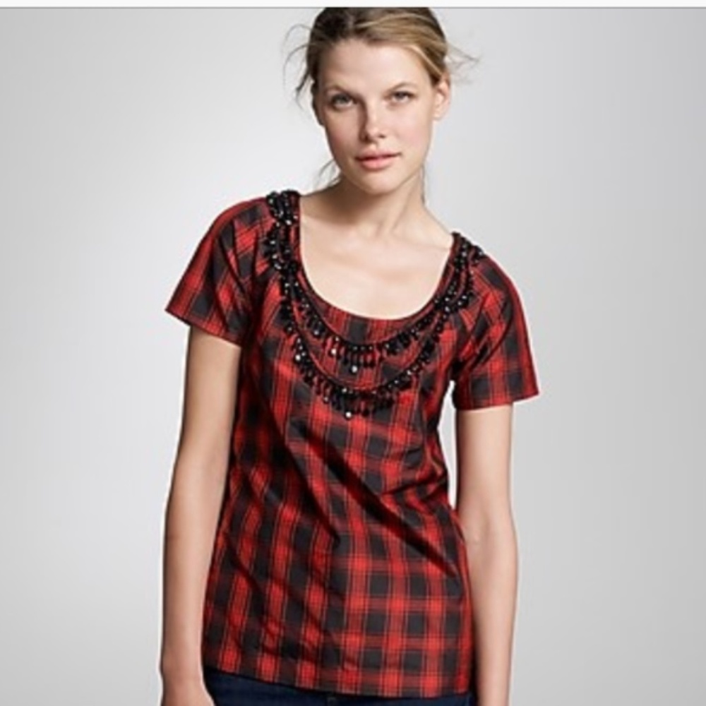J Crew Red Silk Plaid Eliza Short Sleeve Blouse